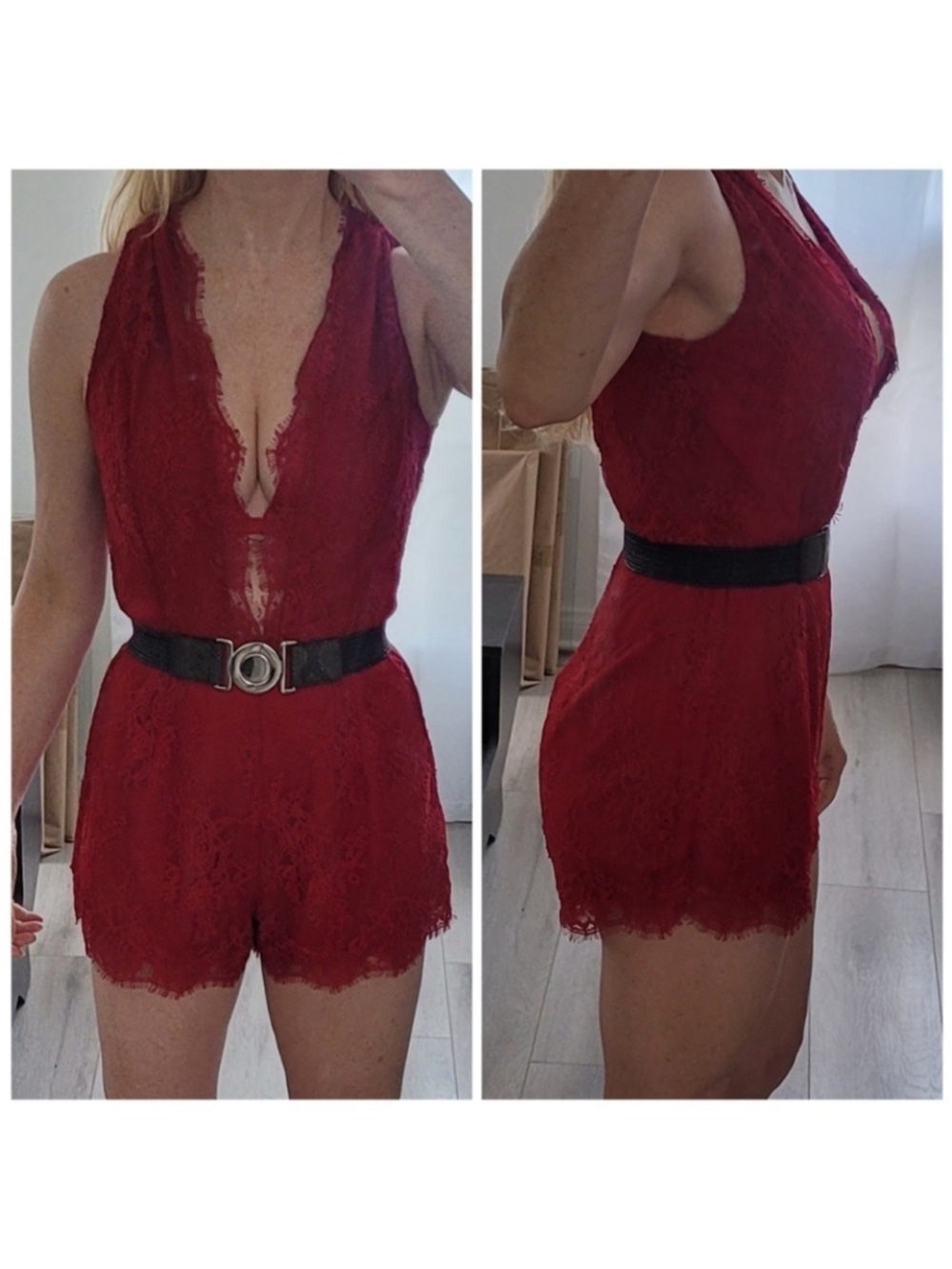 NBD Red Lace Plunge Romper with Belt